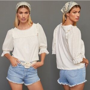 White Smocked Keri Top by Anthropologie